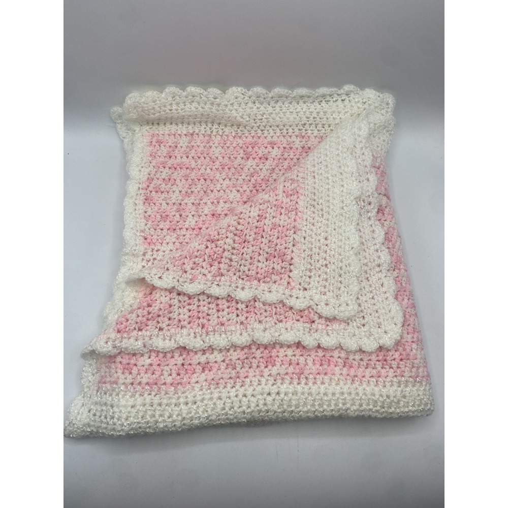 Handmade Crochet Baby Blanket Pink White Scalloped Border Soft Knit Nursery